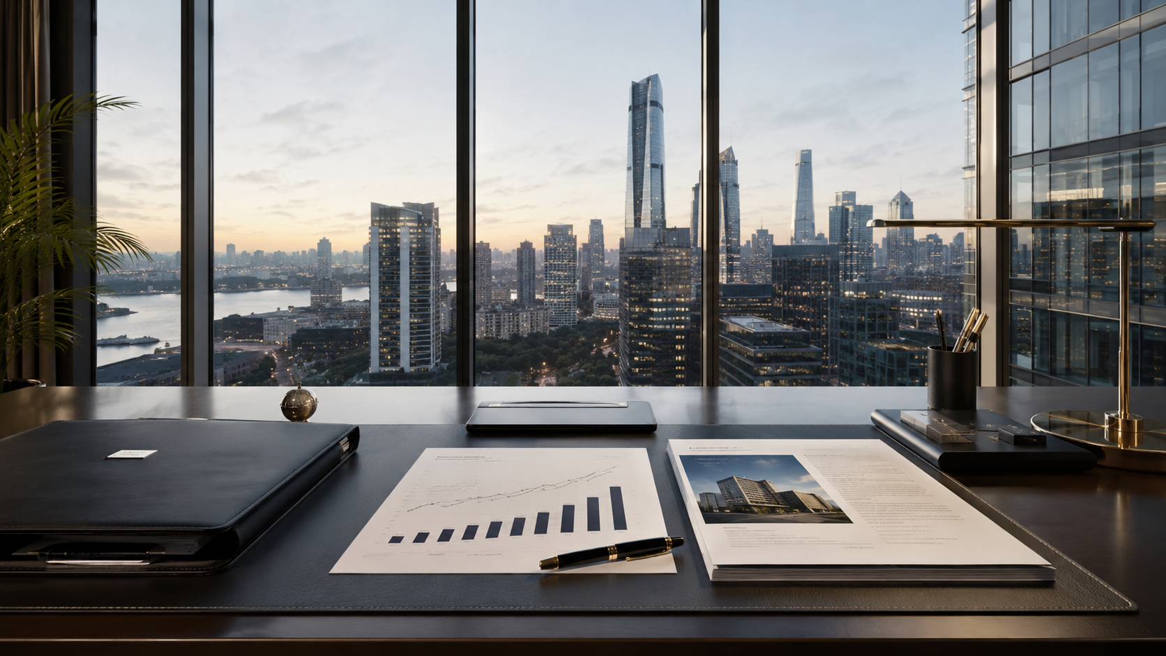 Oficina ejecutiva con vista panorámica a la ciudad